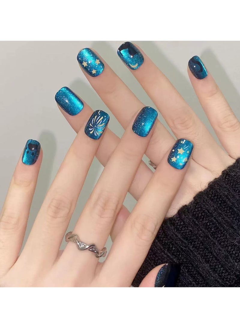 Goolsky Short Galaxy Cat Firework Cat Eye Press On Nails Trending Blue Shine Fake Nail Tips Finished Set  - Image 4