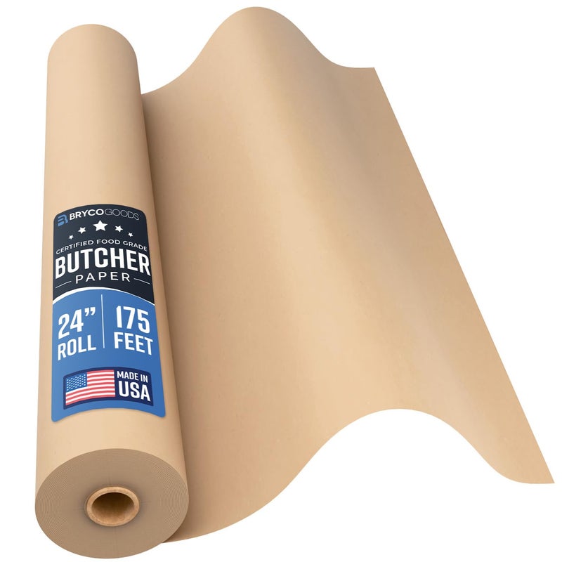 Bryco Goods 24 Inch x 175 Feet Brown Butcher Paper Roll Unbleached Uncoated Unwaxed FoodGrade Wide Kraft Paper for BBQ Smoking Grilling Wrapping Meat Table Covering USA Made