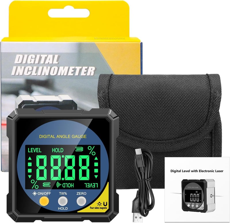 LABART Digital Angle Gauge with Electronic Laser & 4 Side Magnetic Base - IP54 Waterproof Inclinometer, Type-C Rechargeable Protractor Tool with Backlight Display for Woodworking/Construction/DIY - Image 1