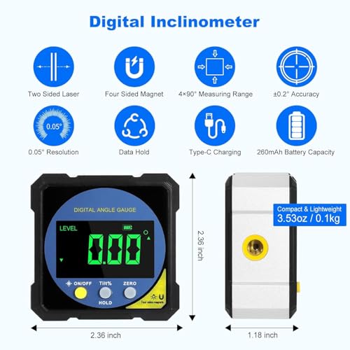 LABART Digital Angle Gauge with Electronic Laser & 4 Side Magnetic Base - IP54 Waterproof Inclinometer, Type-C Rechargeable Protractor Tool with Backlight Display for Woodworking/Construction/DIY - Image 4