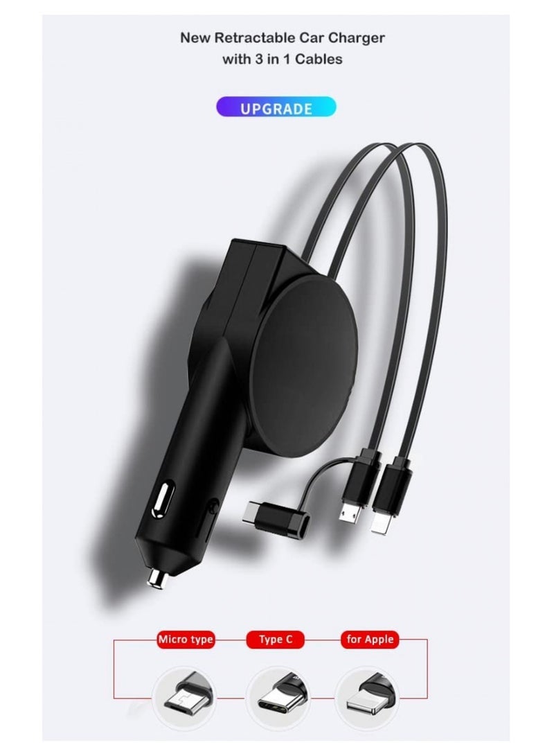 general USB 2 Retractable Cables and USB Port Car Charger Adapter, Fast Charge 60W, Compatible with iPhone & Android Cell Phones, Black - Image 3