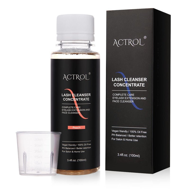 ACTROL Eyelash Cleanser Concentrate 100ml Peach Professional Lash Shampoo Foaming Cleanser DIY Paraben & Sulfate Free Non-lrritating Wash for Extensions Lashes with Salon Care-Makes 20 Bottles 
