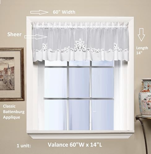 Today's Curtain Plymouth Classic Battenburg Applique Sheer Valance, 14-Inch, White - Image 2