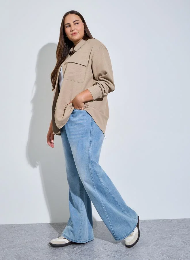 ستايلي Plus Size Beige Pocket Detail Textured Oversized Shirt