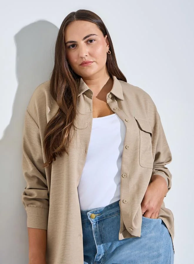 ستايلي Plus Size Beige Pocket Detail Textured Oversized Shirt