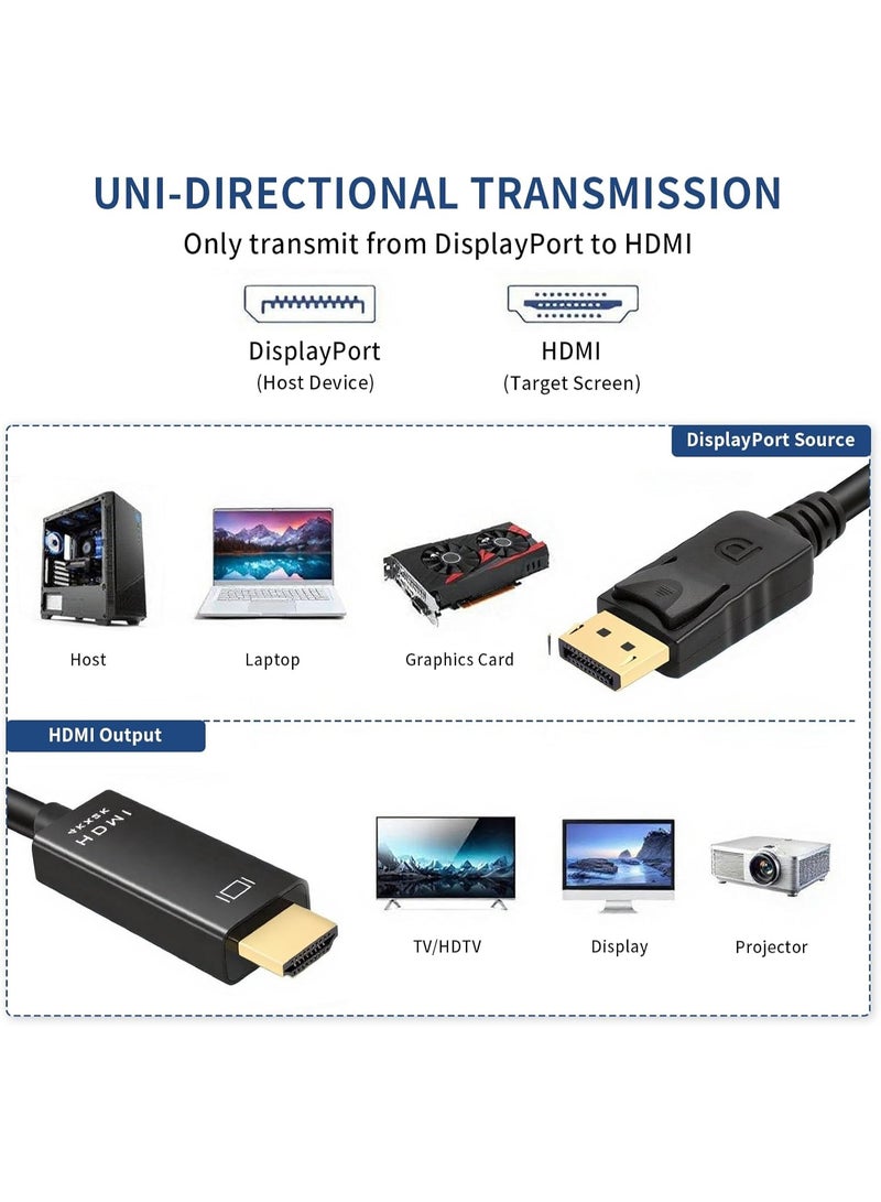 سالاب كابل DisplayPort إلى HDMI بطول 1.8 متر بدقة 4K، كابل DisplayPort إلى HDMI أحادي الاتجاه مطلي بالذهب لأجهزة Lenovo وHP وASUS وDell وغيرها من العلامات التجارية. - Image 3