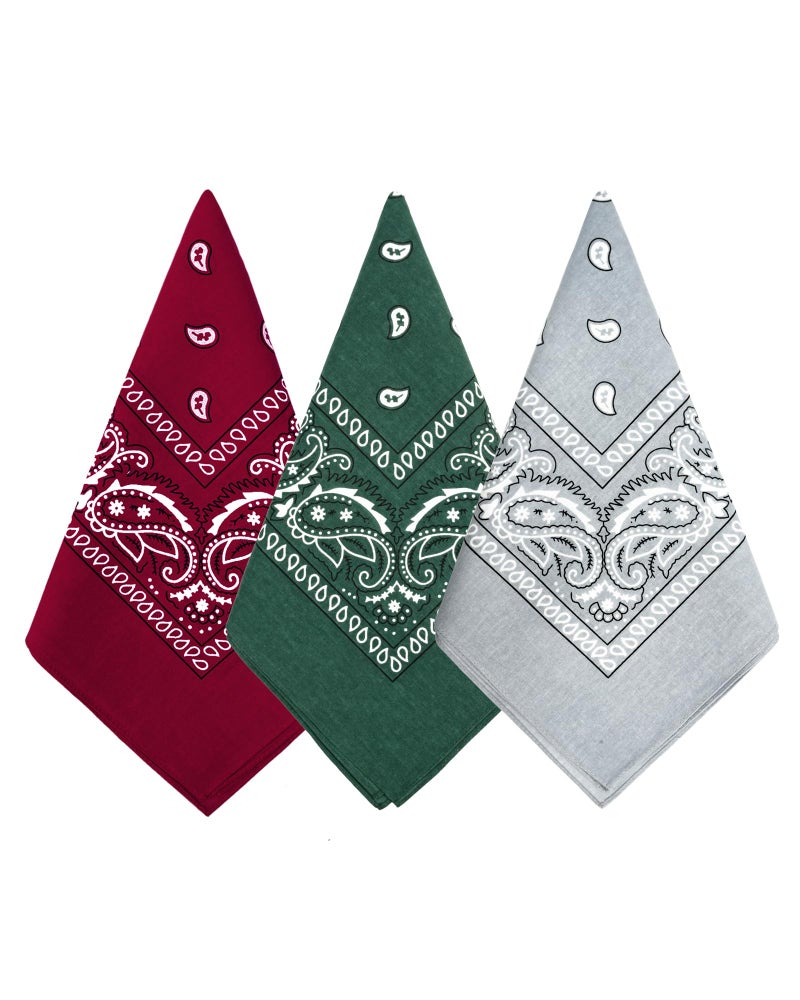 Bycc Bynn 3 Pack 100% Cotton Paisley Pattern Bandanas Square Scarf Headwear (Burgundy + Dark Green + Light Grey) - Image 1
