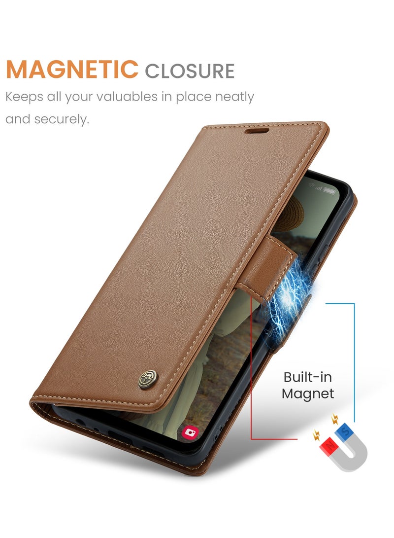 CaseMe Flip Wallet Case For Samsung Galaxy A15 4G/5G RFID Blocking PU Leather Wallet Flip Folio Case with Card Holder Kickstand Shockproof Phone Cover - Brown - Image 3