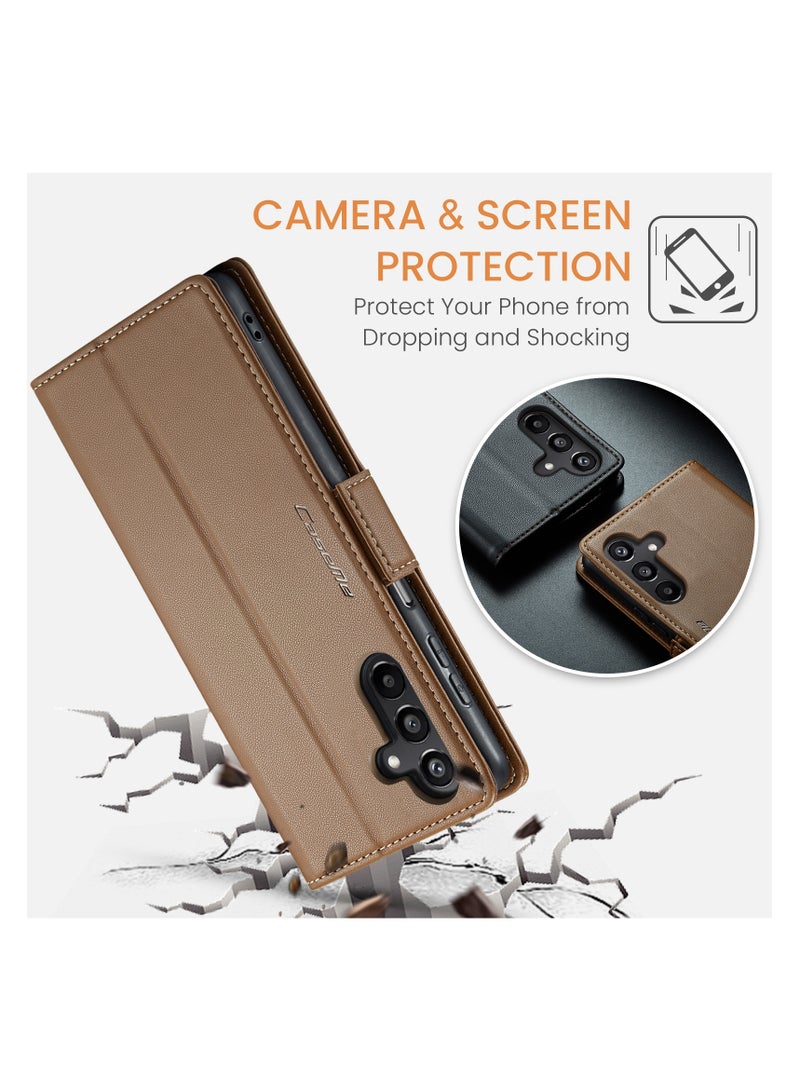 CaseMe Flip Wallet Case For Samsung Galaxy A15 4G/5G RFID Blocking PU Leather Wallet Flip Folio Case with Card Holder Kickstand Shockproof Phone Cover - Brown - Image 4
