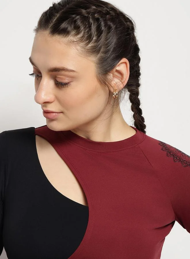 Zaecy  Asymmetric Cutout Top with Inbuilt Bra – Wine Red & Black for Women | Best Price UAE