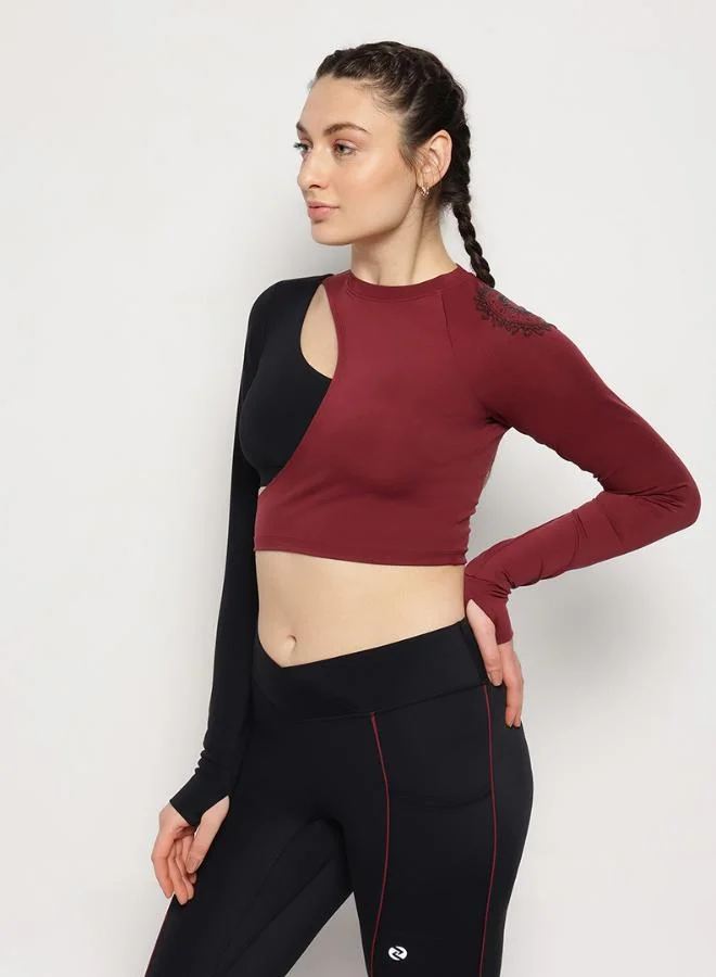 Zaecy  Asymmetric Cutout Top with Inbuilt Bra – Wine Red & Black for Women | Best Price UAE