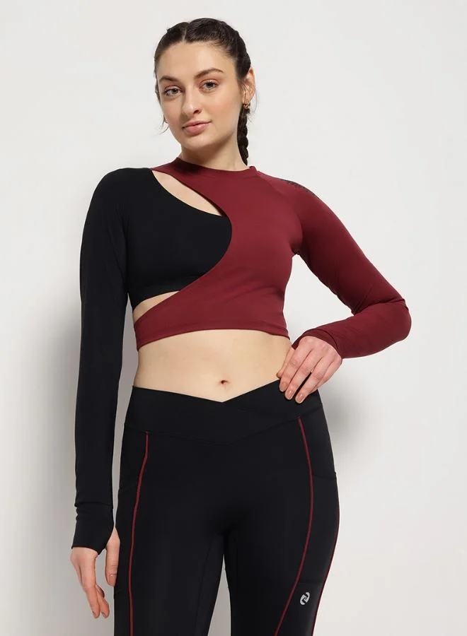 Asymmetric Cutout Top with Inbuilt Bra – Wine Red & Black