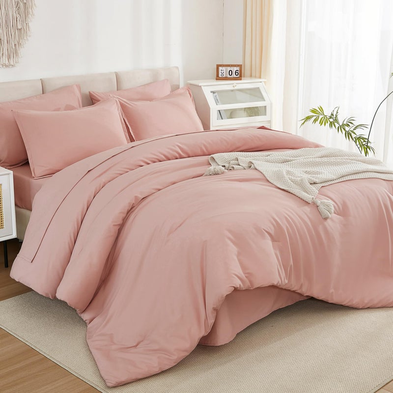 Litanika Litanika Comforter Queen Size Set Blush Pink - 7 Pieces Bed in a Bag Queen Beddding Comforter Sets  Plain Lightweight Bed Set with Comforter  Sheets  Pillowcases & Shams  - Image 1