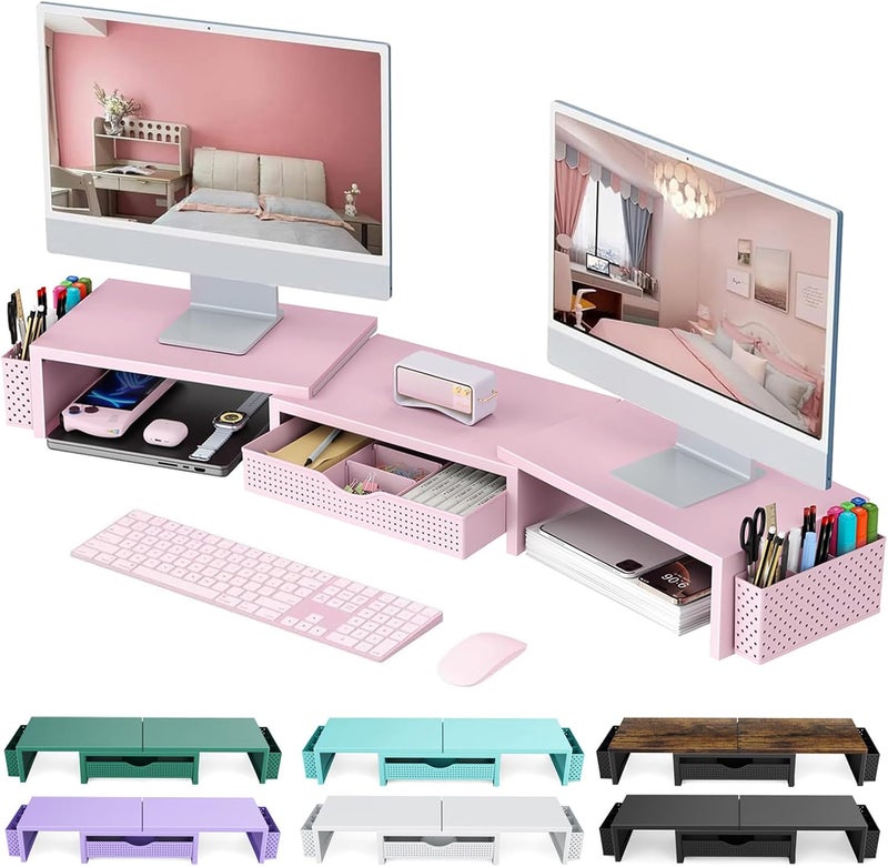 gianotter Dual Monitor Stand Riser, Desk Organizer with Drawer and 2 Pen Holders, Modern Professional Style, Monitor Stand for Desk, Office Decor Essentials (Pink) - Image 1