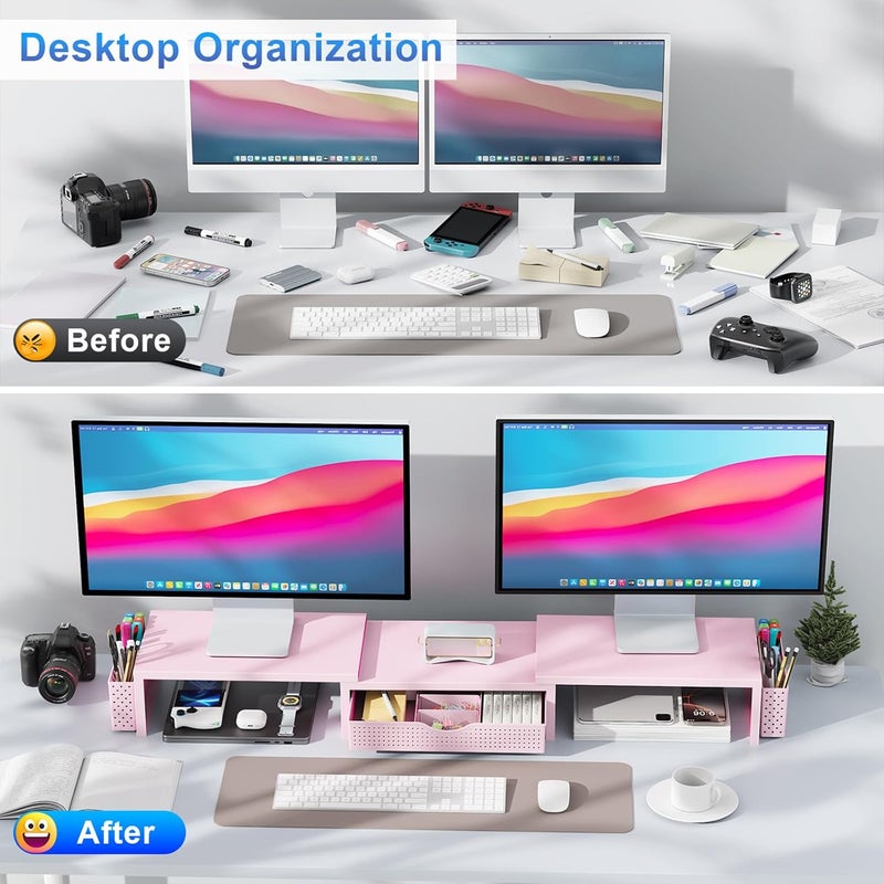 gianotter Dual Monitor Stand Riser, Desk Organizer with Drawer and 2 Pen Holders, Modern Professional Style, Monitor Stand for Desk, Office Decor Essentials (Pink) - Image 2