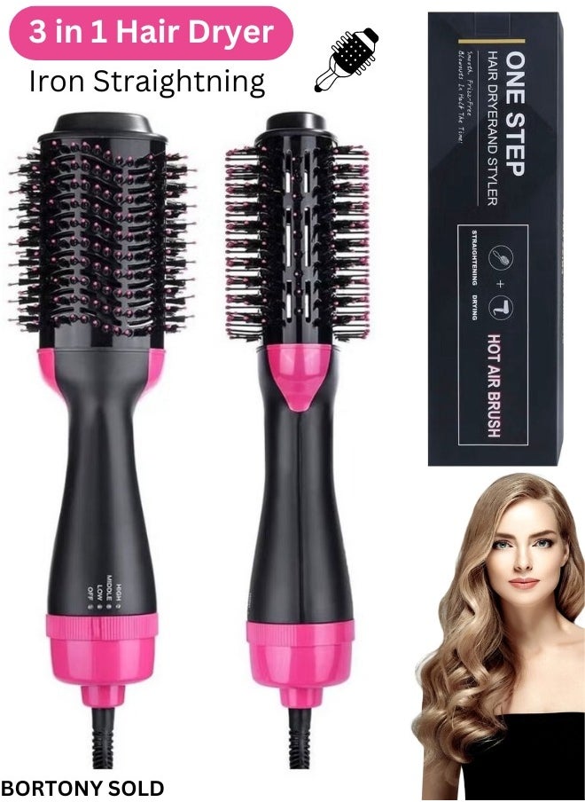 One Step Electric Hair Dryer 3-in-1 Hot Air Brush for Hair Styler Frizz Control, One Step Hair Dryer with 2 changeable Brushhead for Linear and Curly Hair Black/Pink  - Image 1
