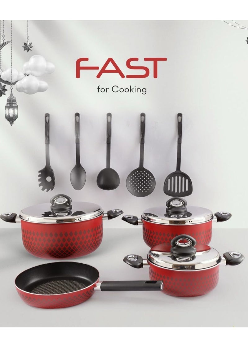 FAST Tefal Fast 12 Piece Non-Stick Pots and Frying Pan Set Sizes 28, 24, 20, 24 cm - Image 1