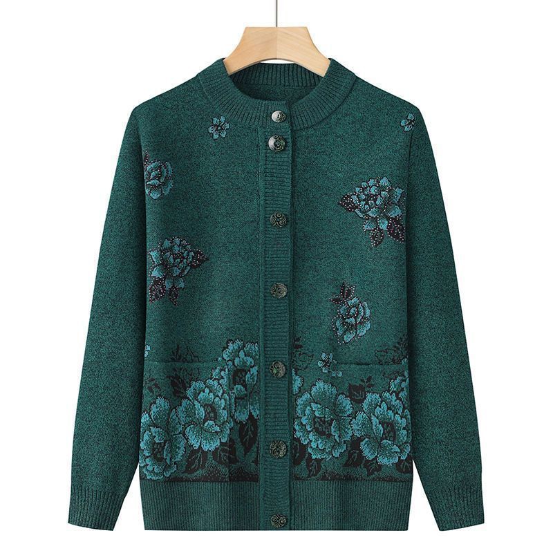 Middle-aged and elderly womens mothers clothing autumn and autumn sweater grandmas autumn and winter cardigan elderly clothes sweater coat round neck loose-fit Wine red - Image 2
