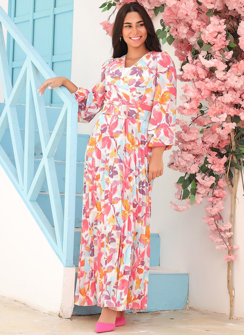 FridayIn Elegant style V-neck Flowers Printing Belt Pleated Lantern sleeve Long Dresses Pink - Image 1