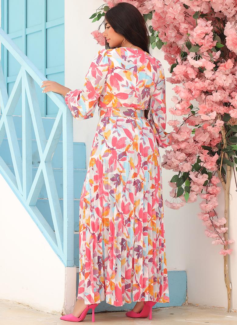 FridayIn Elegant style V-neck Flowers Printing Belt Pleated Lantern sleeve Long Dresses Pink - Image 3