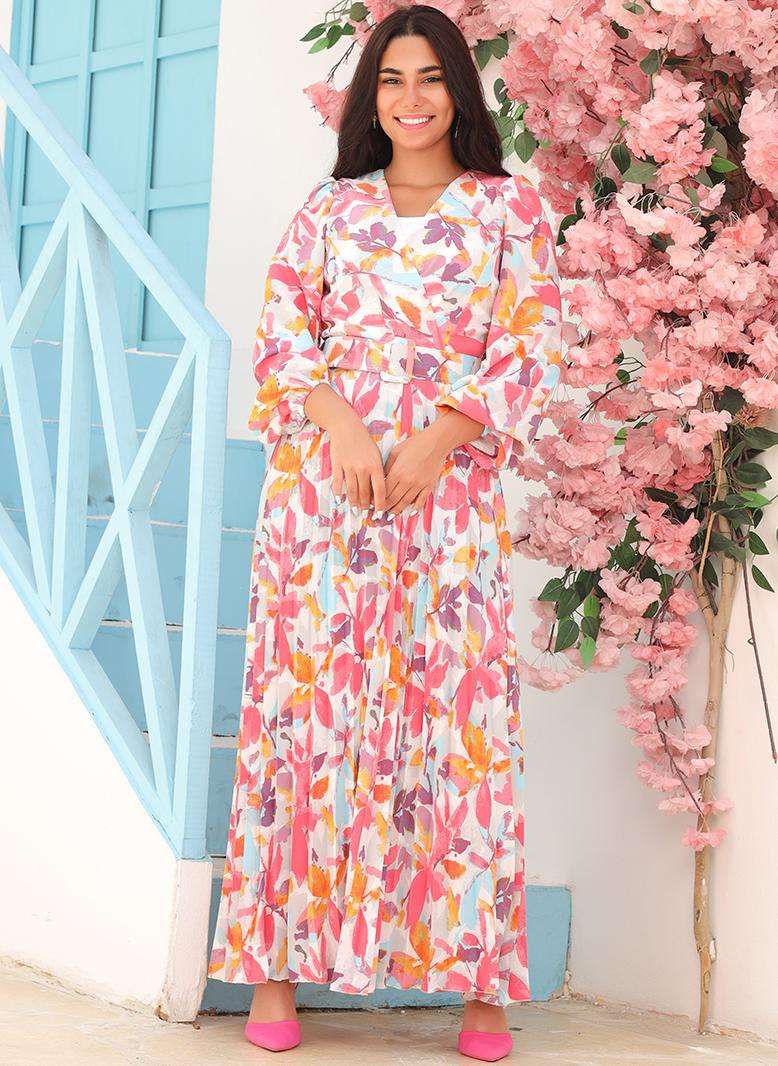 FridayIn Elegant style V-neck Flowers Printing Belt Pleated Lantern sleeve Long Dresses Pink - Image 4