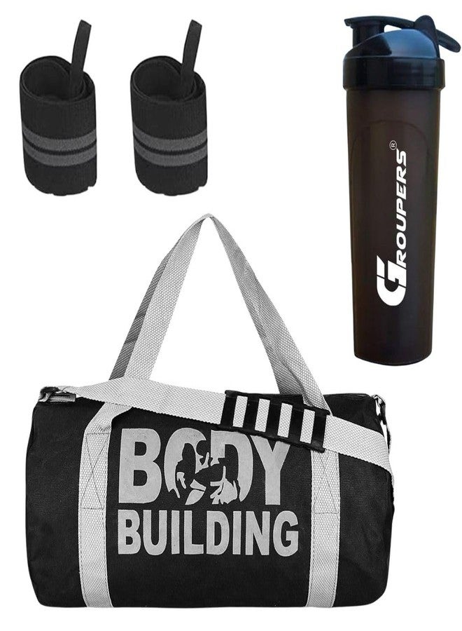 Groupers Travel Duffle Bag 20-25L - Black Weekender Bag (43×25×23 cm) + 700ml Protein Shaker + 21" Powerlifting Wrist Wraps, Gym Kit, Sports Combo, Gift for Gym Lovers - Image 1