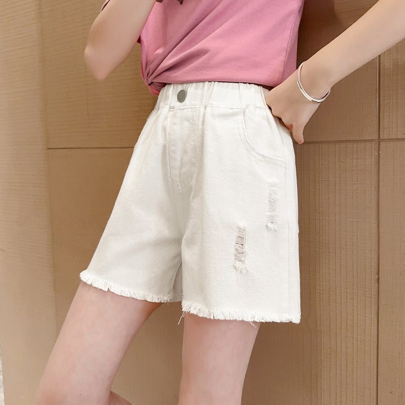 Girls shorts 2025 summer big childrens fashion hole hot pants manufacturers wholesale 6-16 years old outside wear tide pants White [hole shorts]