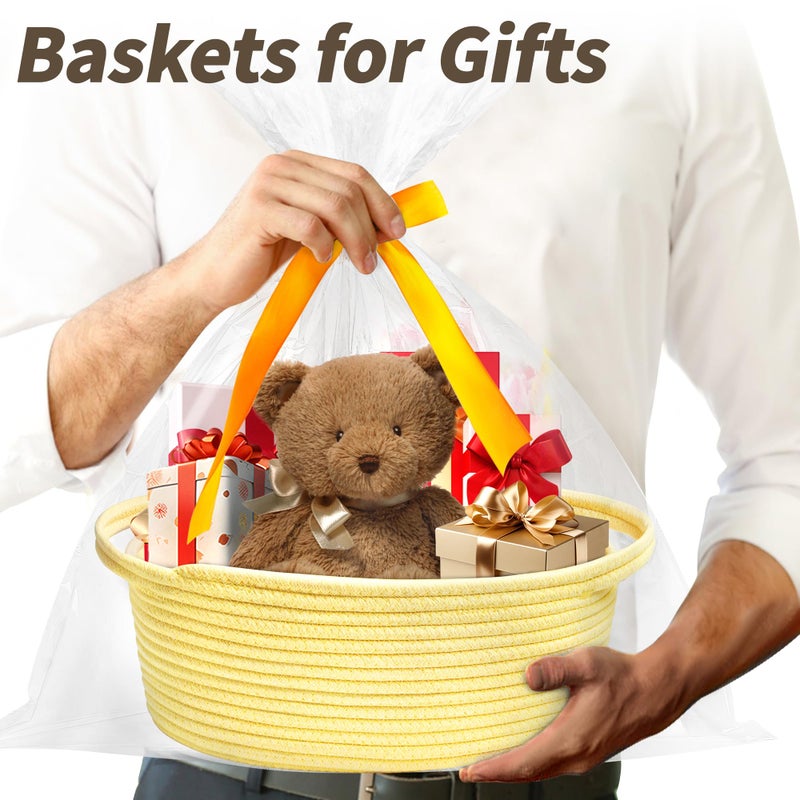 Pro Goleem Small Woven Basket With Gift Bags And Ribbons Durable Baskets For Gifts Empty Small Rope Basket For Storage 12""X 8"" X 5"" Baby Toy Basket With Handles  Yellow - Image 2