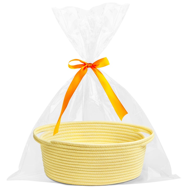 Pro Goleem Small Woven Basket With Gift Bags And Ribbons Durable Baskets For Gifts Empty Small Rope Basket For Storage 12""X 8"" X 5"" Baby Toy Basket With Handles  Yellow - Image 1