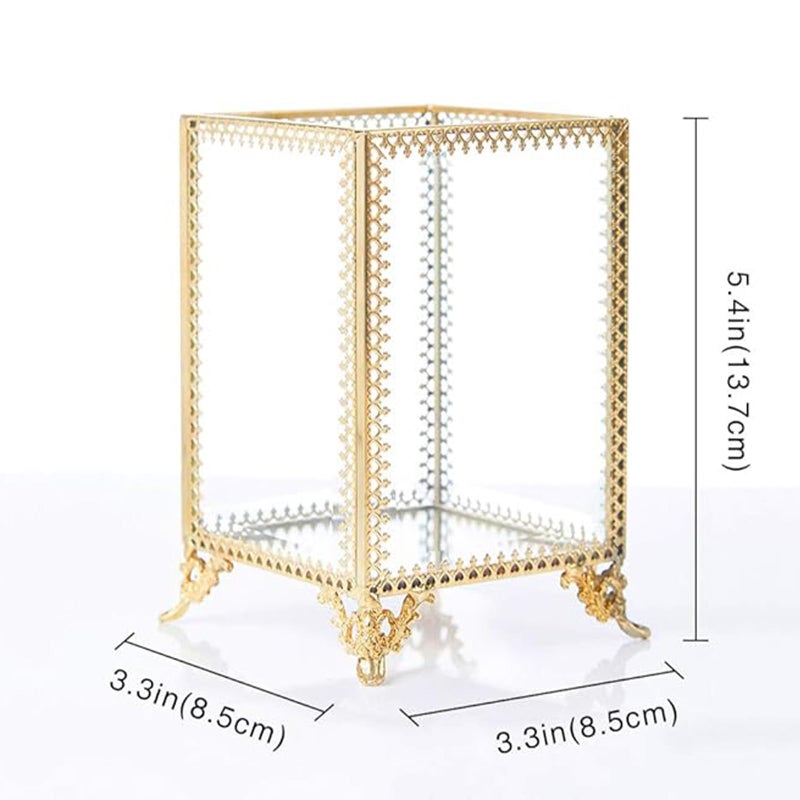 بو تو حامل فرشاة مكياج Putwo Vintage منظم من الزجاج والنحاس لتخزين فرش التجميل يدويًا مع لؤلؤ أبيض لسطح طاولة الزينة - ذهبي - Image 3