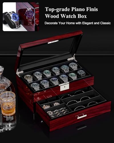 ANWBROAD Watch Box for Men, 12 slot Watch Cases with Glass Lid, 2-Layer Wooden Watch Display Case for Jewelry and Watch Organizer for Men Women, Ideal for Gifting with a Present Box, Lockable UJWB003Y - Image 2