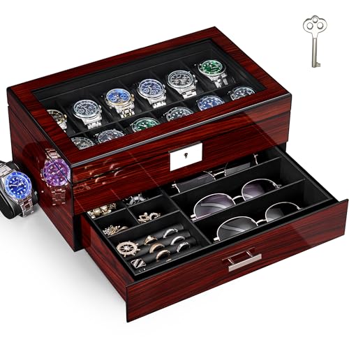 ANWBROAD Watch Box for Men, 12 slot Watch Cases with Glass Lid, 2-Layer Wooden Watch Display Case for Jewelry and Watch Organizer for Men Women, Ideal for Gifting with a Present Box, Lockable UJWB003Y - Image 1
