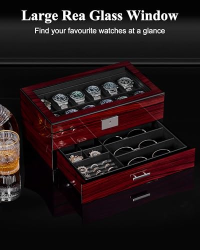 ANWBROAD Watch Box for Men, 12 slot Watch Cases with Glass Lid, 2-Layer Wooden Watch Display Case for Jewelry and Watch Organizer for Men Women, Ideal for Gifting with a Present Box, Lockable UJWB003Y - Image 5