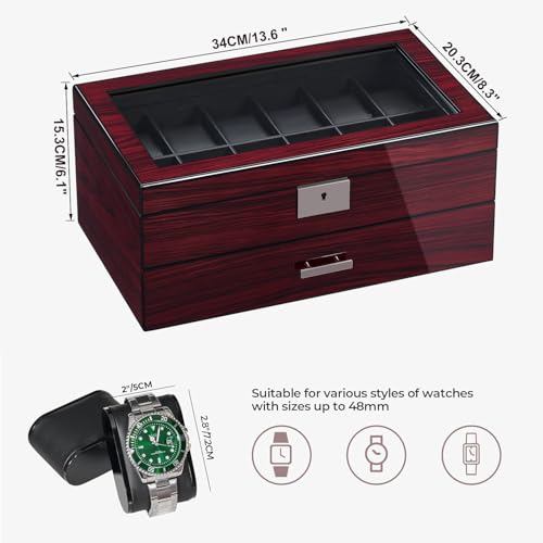 ANWBROAD Watch Box for Men, 12 slot Watch Cases with Glass Lid, 2-Layer Wooden Watch Display Case for Jewelry and Watch Organizer for Men Women, Ideal for Gifting with a Present Box, Lockable UJWB003Y - Image 4