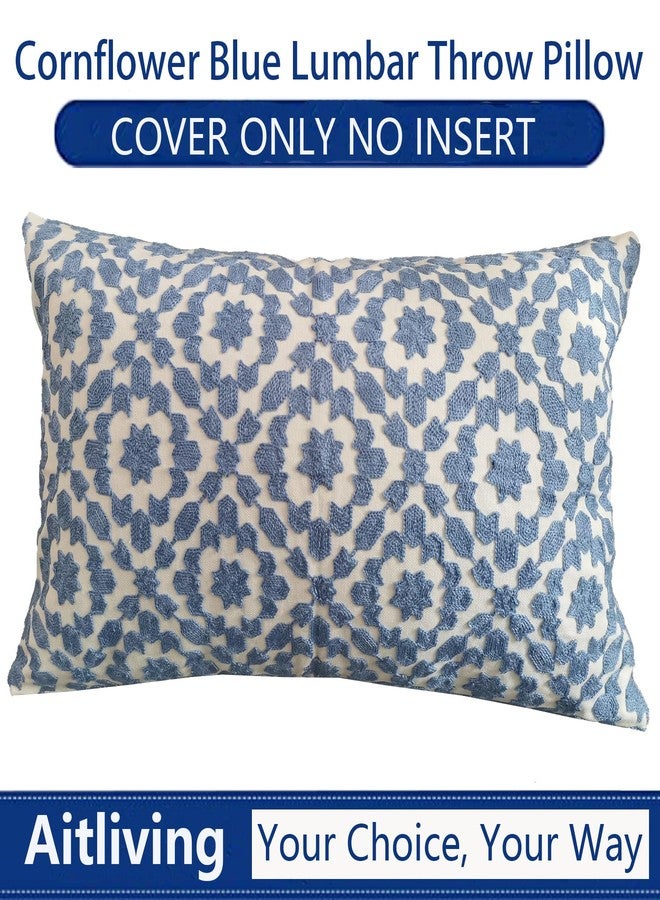 Aitliving Throw Pillow Cover Embroidered Trellis 12x20 inch Mina Blue Cornflower 30x50cm Decorative Lumbar Pillow Cover Embroidery Cotton Canvas 1pc Della Robbia Blue Cushion Cover - Image 4