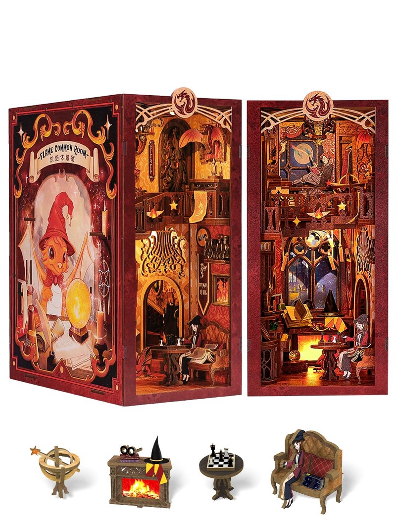 Fsolis Book Nook Kit DIY Miniature Room House Kit 3D Wooden Puzzle Craft for Adults Booknook Magic Decorative Bookend Bookshelf Bookcase Decor Gifts for Women Teens and Book Lovers Flam Common Room - Image 2