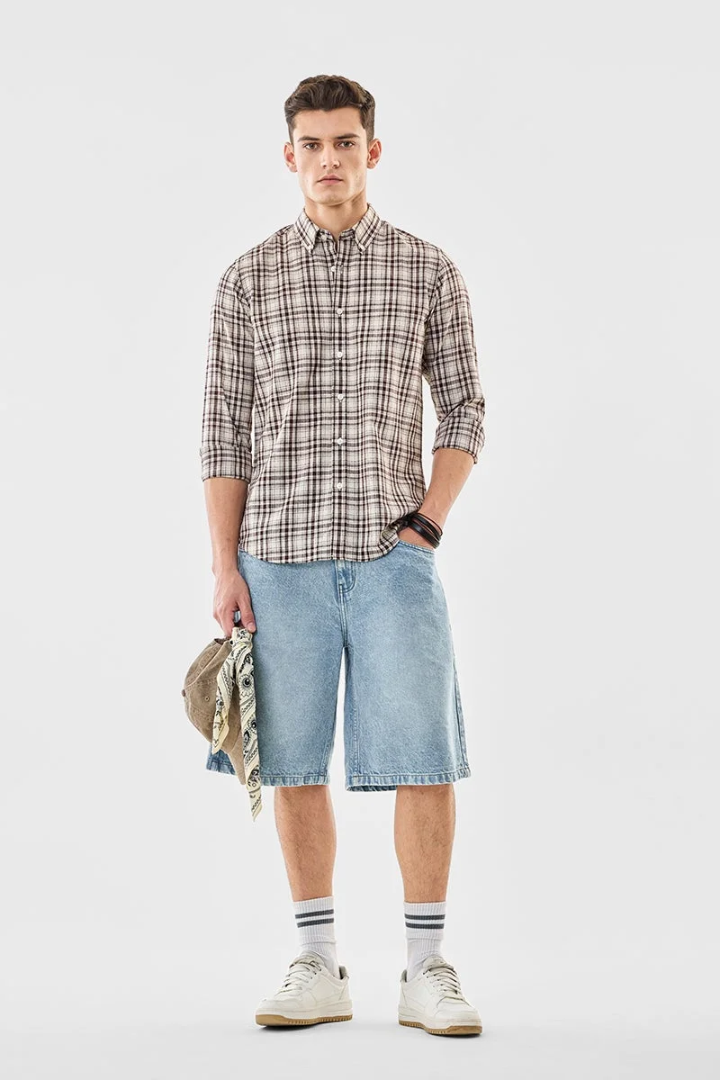 SNITCH Beige Checkered Long Sleeve Slim Fit Shirt