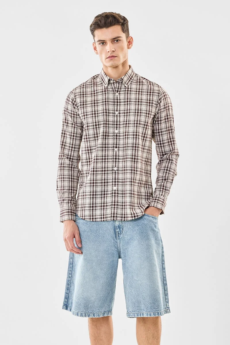 SNITCH Beige Checkered Long Sleeve Slim Fit Shirt