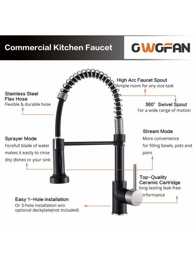 OWOFAN Low Lead Modern Single Handle Pull Down Sprayer Spring Kitchen Faucet, Brass Black&Brushed Nickel Kitchen Sink Faucets - Image 4