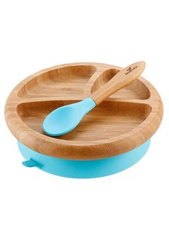 Avanchy Bamboo Suction Classic Plate + Spoon Blue  - Image 1