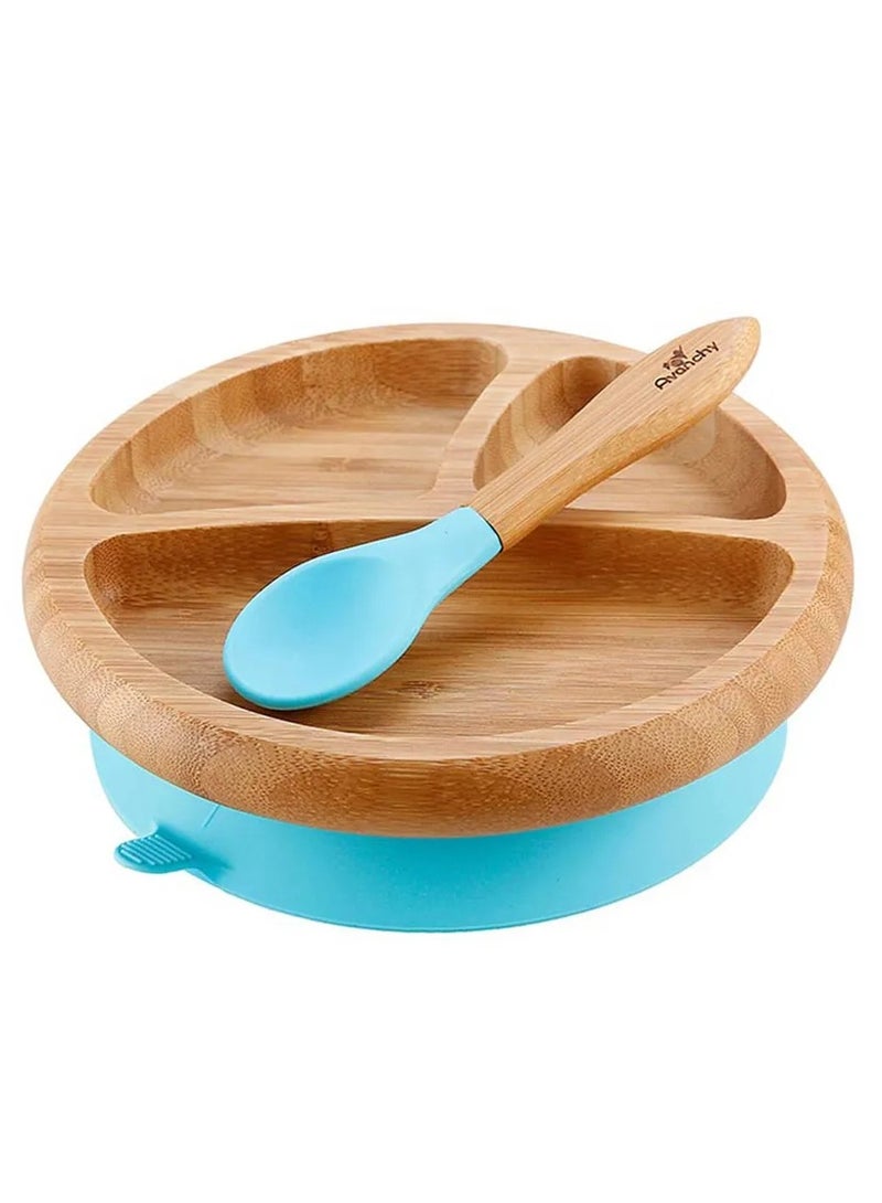 Avanchy Bamboo Suction Classic Plate + Spoon Blue - Image 1