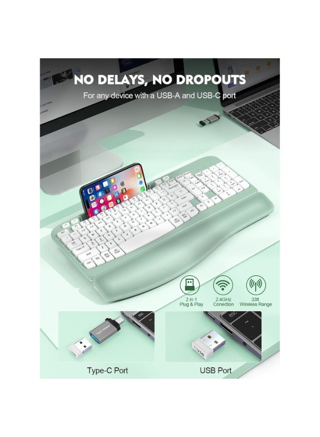 لوحة مفاتيح لاسلكية مريحة RT05 مزودة بمسند معصم مبطن، ومفاتيح مموجة، وحامل للهاتف، وكتابة طبيعية مريحة - Image 3