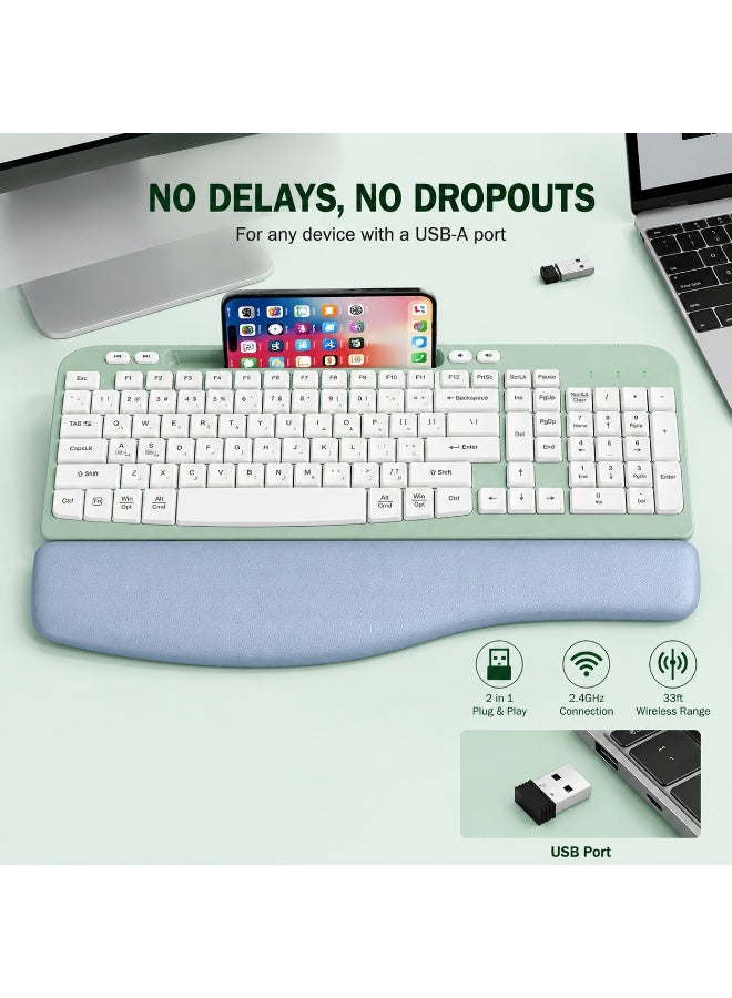 RT05 Ergonomic Wireless Keyboard with Cushioned Wrist Rest, Wave Keys, Phone Holder, Comfortable Natural Typing - Image 3