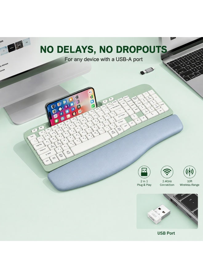 RT05 Ergonomic Wireless Keyboard with Cushioned Wrist Rest, Wave Keys, Phone Holder, Comfortable Natural Typing - Image 5