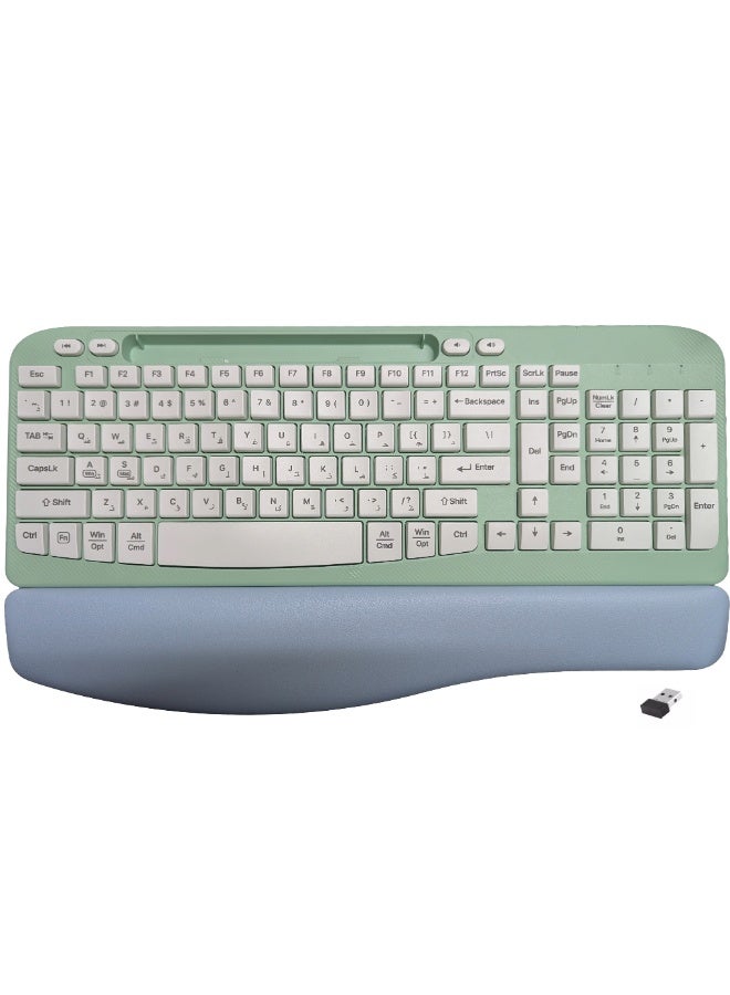 RT05 Ergonomic Wireless Keyboard with Cushioned Wrist Rest, Wave Keys, Phone Holder, Comfortable Natural Typing - Image 1