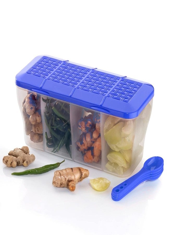 MOXSTAR Multipurpose Plastic 4 In 1 Masala Box for Kitchen Spice Boxes for Kitchen Transparent 4 Compartment Storage Containers Airtight Grocery Cereal1800 Ml with 4 Spoons - Blue - Image 5