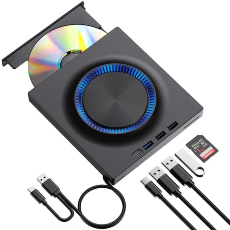 مشغل محرك أقراص DVD خارجي للكمبيوتر المحمول USB-C CD/DVD Burner +/-RW Reader Writer محرك أقراص محمول مع محور USB 3.0 وفتحة بطاقة SD لأجهزة Apple Mac Windows 11/10/8/7 Linux PC الكمبيوتر المحمول - Image 1