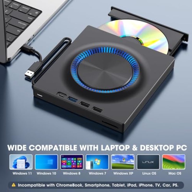 مشغل محرك أقراص DVD خارجي للكمبيوتر المحمول USB-C CD/DVD Burner +/-RW Reader Writer محرك أقراص محمول مع محور USB 3.0 وفتحة بطاقة SD لأجهزة Apple Mac Windows 11/10/8/7 Linux PC الكمبيوتر المحمول - Image 4