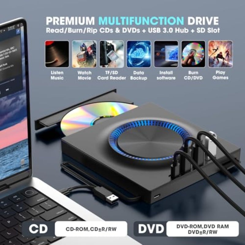 مشغل محرك أقراص DVD خارجي للكمبيوتر المحمول USB-C CD/DVD Burner +/-RW Reader Writer محرك أقراص محمول مع محور USB 3.0 وفتحة بطاقة SD لأجهزة Apple Mac Windows 11/10/8/7 Linux PC الكمبيوتر المحمول - Image 2