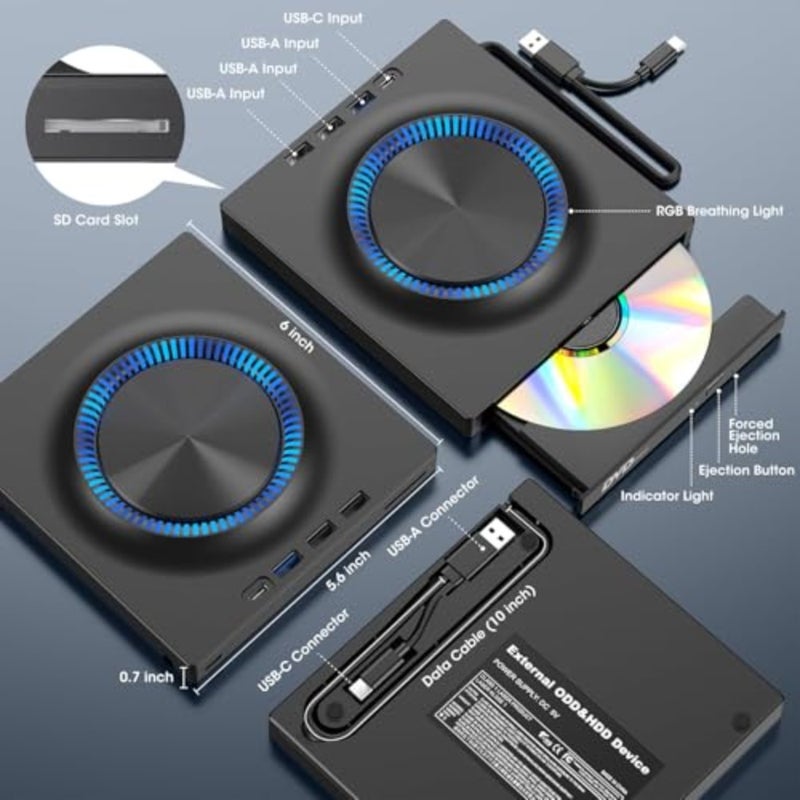 مشغل محرك أقراص DVD خارجي للكمبيوتر المحمول USB-C CD/DVD Burner +/-RW Reader Writer محرك أقراص محمول مع محور USB 3.0 وفتحة بطاقة SD لأجهزة Apple Mac Windows 11/10/8/7 Linux PC الكمبيوتر المحمول - Image 3
